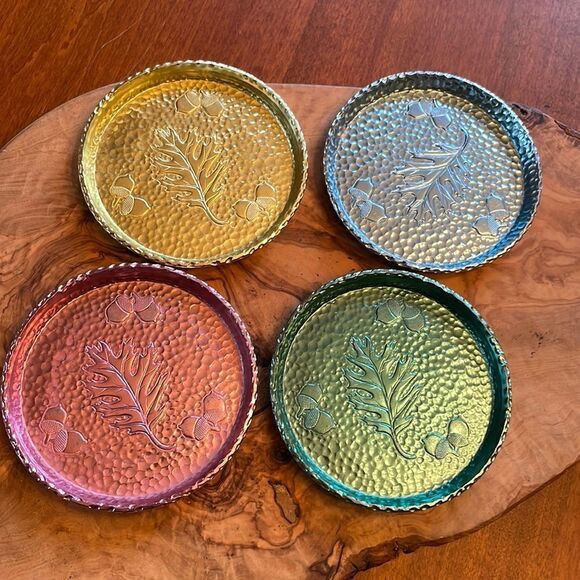 Vintage West Bend Hammered Aluminum Coasters-Acorn and Oak Leaf Design - Picture 1 of 4